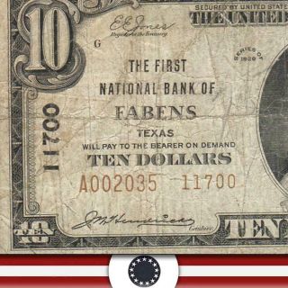 Rare 1929 $10 Fabens,  Tx National Bank Note El Paso County Texas
