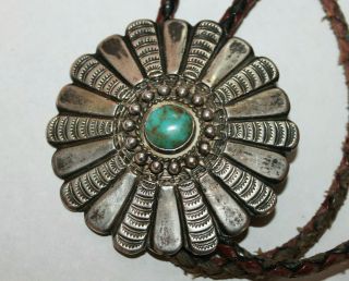 Vintage Old Pawn Native American Sterling Silver Turquoise Bolo Tie Round