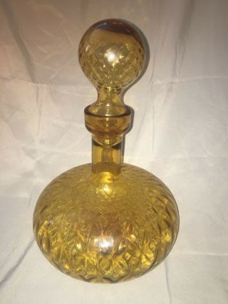 Vintage Hand Blown Amber Glass Decanter With Bubble Stopper