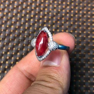 Rare Chinese 925 Silver & Red Jadeite Jade Handwork No.  7 - 12 Horse Eye Shape Ring 3