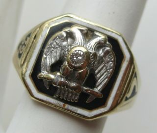 Fine Vintage 14k Gold Diamond Enamel Masonic 32nd Degree Freemason Ring 7g 12
