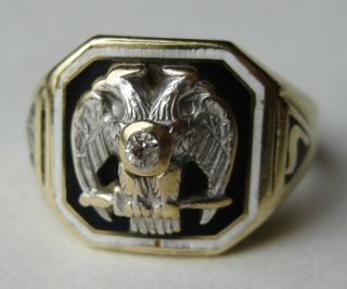 Fine Vintage 14k Gold Diamond Enamel Masonic 32nd Degree Freemason Ring 7g