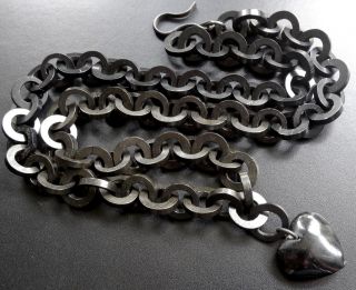 Antique Victorian Whitby Jet Love Heart Pendant Vulcanite Chain Necklace - A246