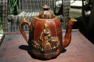 Antique Rockingham Glazed Pottery Rebekah At The Well Tea Pot W/ Lid