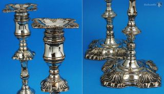 RARE George III PAIR OLD SHEFFIELD PLATE CANDLESTICKS c1760 TUDOR & LEADER 10 