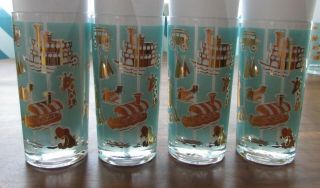 VTG DISNEYLAND 8 Highball Drinking Glasses TURQUOISE Gold 1950s Rare HTF Minty 9
