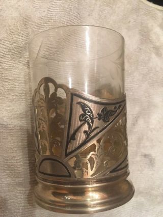 Russian Solid Silver Gilt & Niello Tea Glass Holder With Glass C 1960