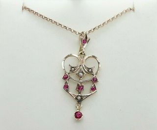 Edwardian 9ct Rose Gold Ruby And Seed Pearl Pendant Necklace