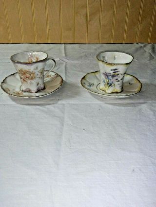 2 Vintage Hand Painted Tea Cups And Saucers Floral Purple Blue