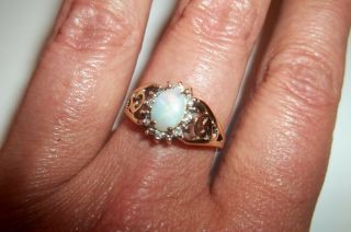 14k Yellow Gold Fire Opal Diamond Halo Ring Size 7 Vintage Psco Scroll Design