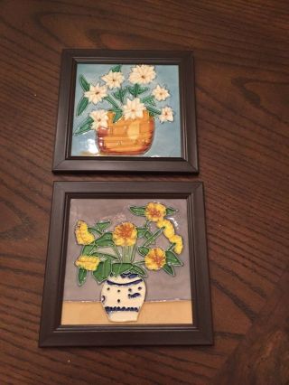 2 - Vintage Ceramic Art Tile Bouquet Of Flowers - Framed