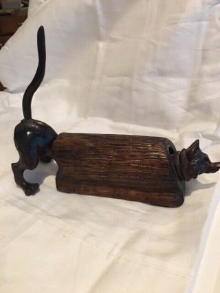 Vintage Hand Carved Wood Hound Chasing Fox Through Log Unique One Of A Kind