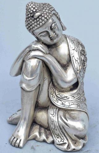 Old Chinese Ancient Collectable Miao Silver Carve Wear Robe Buddha Pray Statues