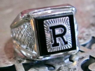 VINTAGE MCM ART DECO EARLY VARGAS MANS MENS STERLING SILVER 925 INITIAL R RING 2