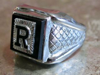 VINTAGE MCM ART DECO EARLY VARGAS MANS MENS STERLING SILVER 925 INITIAL R RING 8