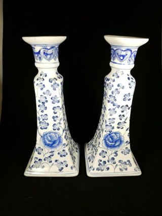 Set Of 2 - Blue & White Porcelain Chinoiserie Style Candlesticks