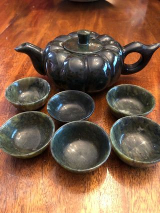 Vintage Asian Chinese Carved Jade Hard Stone Tea Set