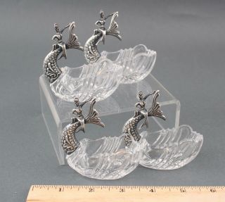 4 Antique Hallmarked.  845 Silver & Crystal,  Mermaid Open Salts,