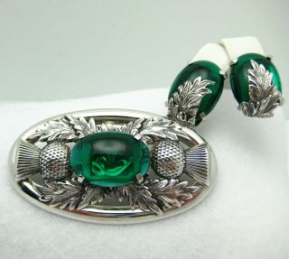 Whiting & Davis Green Thistle Brooch Pin Earrings Set Vintage Demi Parure Lovely