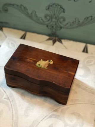 Vintage Folk Art Handmade Wooden Jewelry Trinket Box With Vintage Dog On Lid