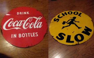 Vintage Coca Cola School Slow 30 " Double Sided Lollipop Porcelain Sign