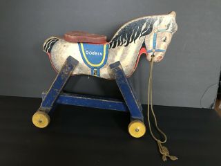 Rare 1938 - 1941 Toy Wood Lithographed Dobbin Horse On Wheels/ Fisher Price