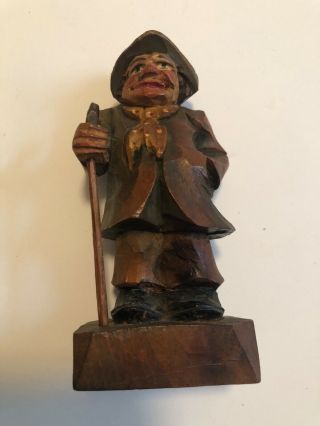 Vintage Wood Hand Carved,  Folk Art Figurine - Old Man W Cane