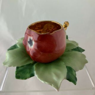 Vintage Demitasse Cup Saucer Red Apple Green Leaves Shape Gold Gilded
