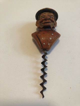 Vintage,  Hand Carved Old Man In Hat Corkscrew