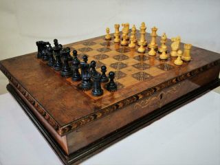 Antique Chess & Games Box Tunbridge Inlay Plus Chess Set And Other Games