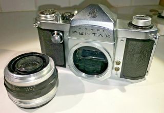 A rare vintage Pentax AP SLR for 35mm film with Takumar 55mm f2.  2 & case,  1950s 8
