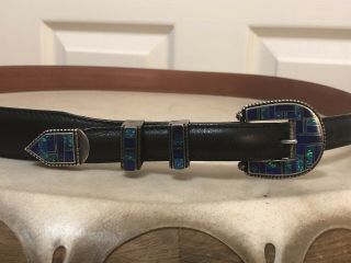 Vintage Navajo Lapis Lazuli Opal Inlay Sterling Silver Belt Buckle Set By Teme