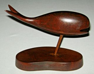 Vintage Carved Walnut Wood Whale With Stand