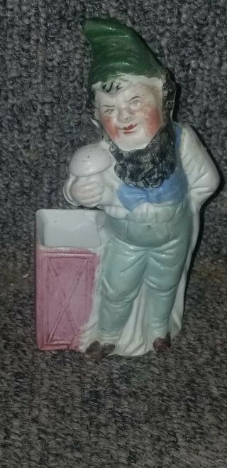 Antique German Gnome Holding Mushroom Bisque Toothpick Holder