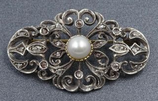 Antique Handmade C1900 - Silver & 18ct Yellow Gold Pearl & Diamond Brooch Val $800