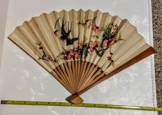 9 " Antique Vintage Japanese Hand Fan,  Bamboo & Paper,  Painted Swallows