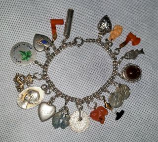 Antique Sterling Silver 18 Charm Bracelet Puffy Heart Flag,  Agate,  Lapis,  Scarab,