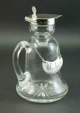 C1910,  Hukin & Heath,  Good Antique Solid Silver Glass Whiskey Noggin Jug & Label