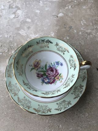 Vintage Regency Bone China England Pink/green Rose Tea Cup And Saucer