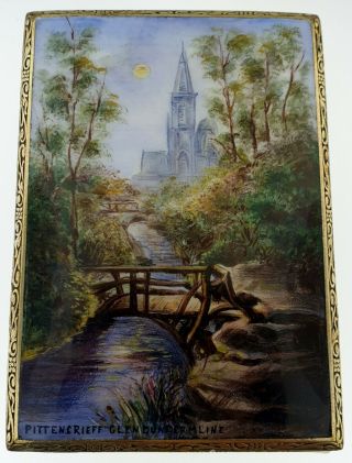 Antique Scottish Hand Painted Guilloche Enamel Sterling Nature Scene Compact Box