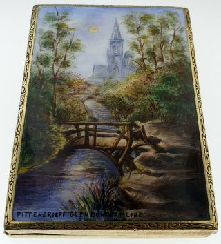 Antique Scottish Hand Painted Guilloche Enamel Sterling Nature Scene Compact Box 2