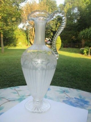 1830 - 50 Victorian Frosted Etch Glass Ewer Pitcher Braided Handle Donut Ring Stem
