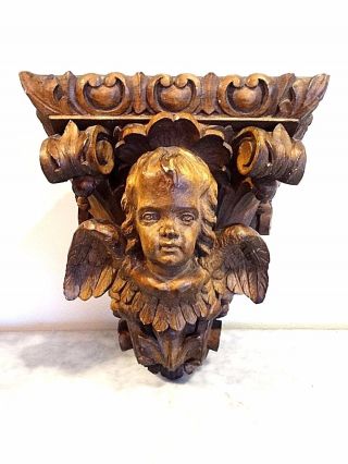Catholic Antique Wood Carved Baroque Winged Angel Wall Sconce Reliquary Holder