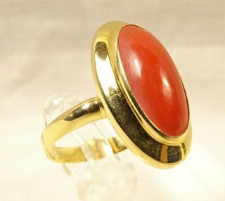Vintage Mid Century 18 K Gold Long Oval Red Coral Sz 4.  25 Dinner Cocktail Ring