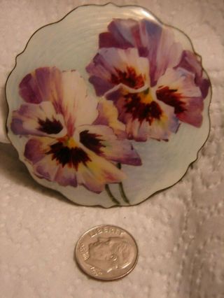 RARE Large Art Nouveau Two Pansy Signed Sterling Silver Guilloch Enamel Brooch 11