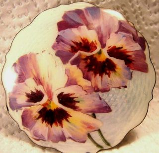 Rare Large Art Nouveau Two Pansy Signed Sterling Silver Guilloch Enamel Brooch