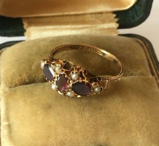 Victorian Antique Yellow Gold Hallmarked Garnet And Seed Pearl Scroll Ring