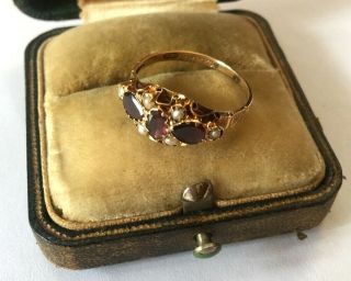 Victorian Antique Yellow Gold Hallmarked Garnet And Seed Pearl Scroll Ring 2