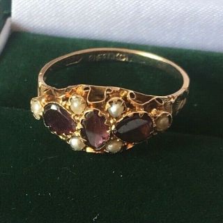 Victorian Antique Yellow Gold Hallmarked Garnet And Seed Pearl Scroll Ring 3