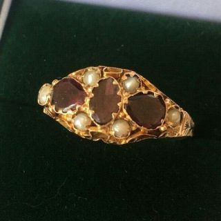 Victorian Antique Yellow Gold Hallmarked Garnet And Seed Pearl Scroll Ring 4